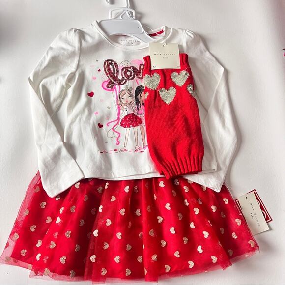 Max Studio Kids Matching Red and White Love Heart Skirt and Long Sleeve Tee - Picture 1 of 6